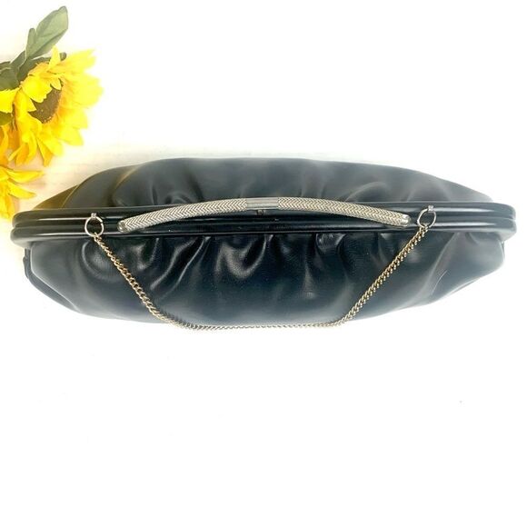 VTG 70s Black Vinyl Clutch Evening Bag Chain Strap - Picture 8 of 15